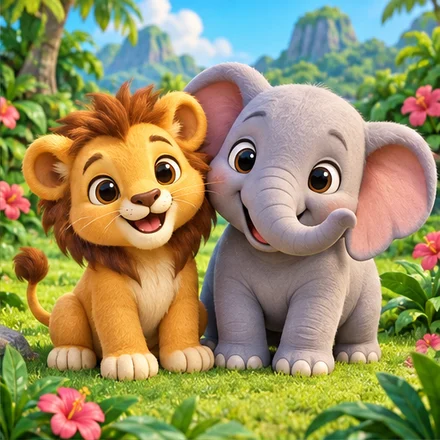 A friendly lion and elephant