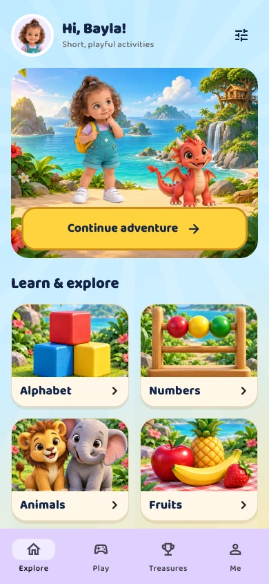 ABC Adventure home screen with Bayla’s illustrated character, colorful learning categories and a Continue adventure button